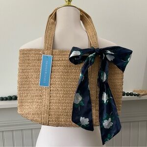 Draper James Straw Tote Bag NWT Woven Beach Market Tote Blue Lined Bow Detail